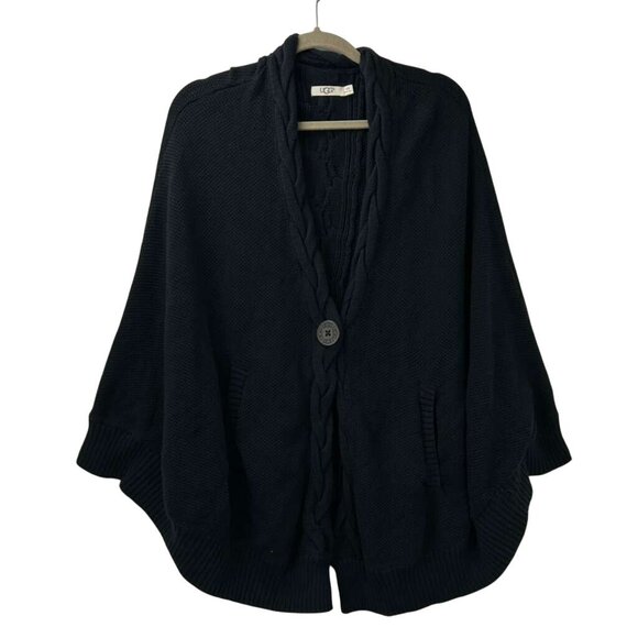 Ugg Womens XS/S Cape Poncho Black Cable Knit Sweater Arm Holes Pockets Oversized - Picture 8 of 14